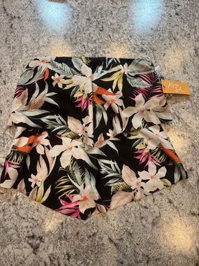 Kona Sol Black Floral Tropical top with Pink Orange Green Accents